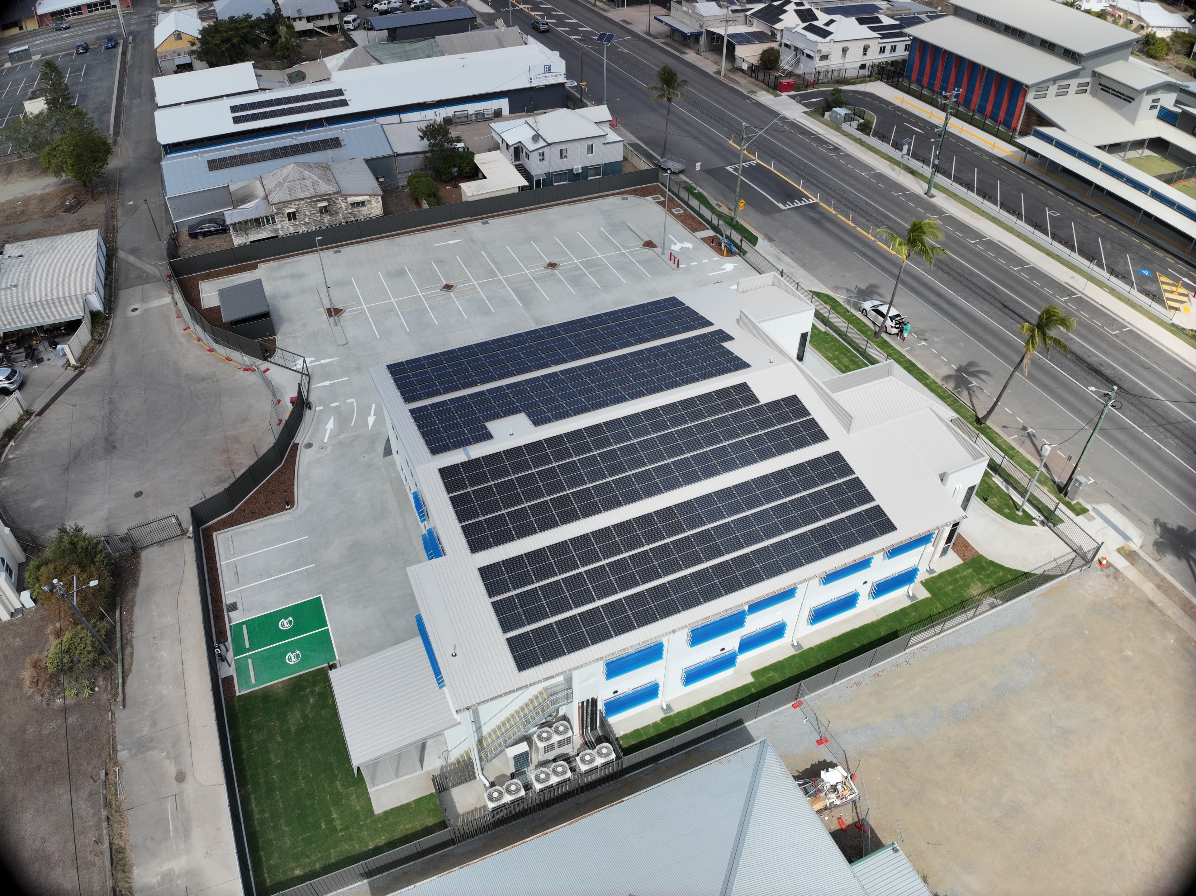 Aerial view of Access Recreation facility with solar panels